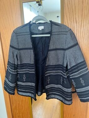 LOFT Black & Gray Open-Front Patterned Blazer Jacket